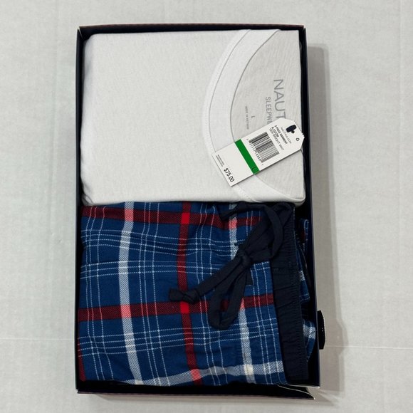 Nautica Sz L Men's PJ Set White Blue Multi Crew Neck Cozy Pants - Picture 12 of 12